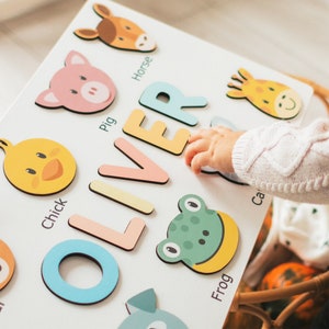 Name Puzzle with Animals Personalized Baby Shower Gift Baby Toddler Kids Toys Wooden Toys First Birthday Girl and Boy Baby Name Puzzle Gifts image 1