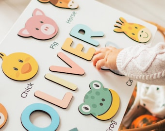 Name Puzzle with Animals Personalized Baby Shower Gift Baby Toddler Kids Toys Wooden Toys First Birthday Girl and Boy Baby Name Puzzle Gifts