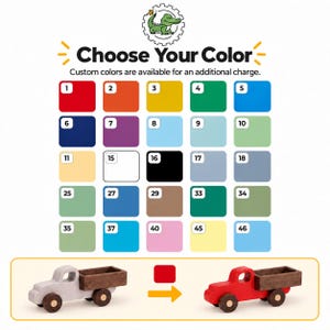 May include: A color selection chart featuring twenty-five numbered squares in various hues, topped with a crocodile logo and the text Choose Your Color. Below, two wooden toy trucks are shown, one gray and one red, connected by an arrow.