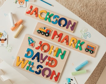 Rainbow Name Puzzle - Cadeau voor 1e 2e 3e verjaardag - Baby Eerste Paascadeau - Houten Speelgoed - Baby Boy - Gepersonaliseerde Houten Naampuzzel