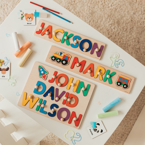 Rainbow Name Puzzle - Gift for 1st 2nd 3rd Birthday - Baby First Easter Gift - Wooden Toys - Baby Boy - Personalized Wooden Name Puzzle