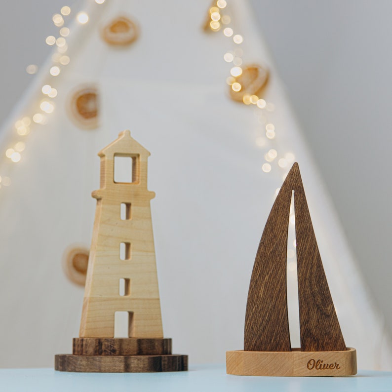 Wooden Toy Ship With Lighthouse. Personalized Baby Gift. Pretend Play Toddler. Waldorf Toys. Ocean Nursery Decor. Easter Gifts For Kids. image 2