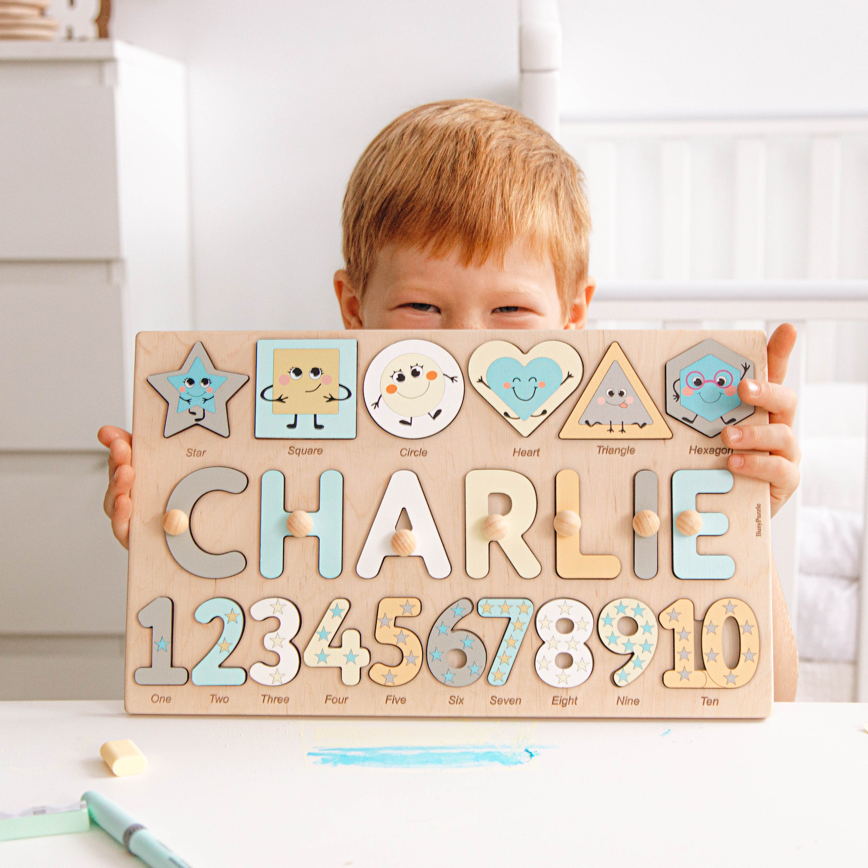 Cadeau personnalisé pour bébé garçon. Puzzle éducatif Montessori