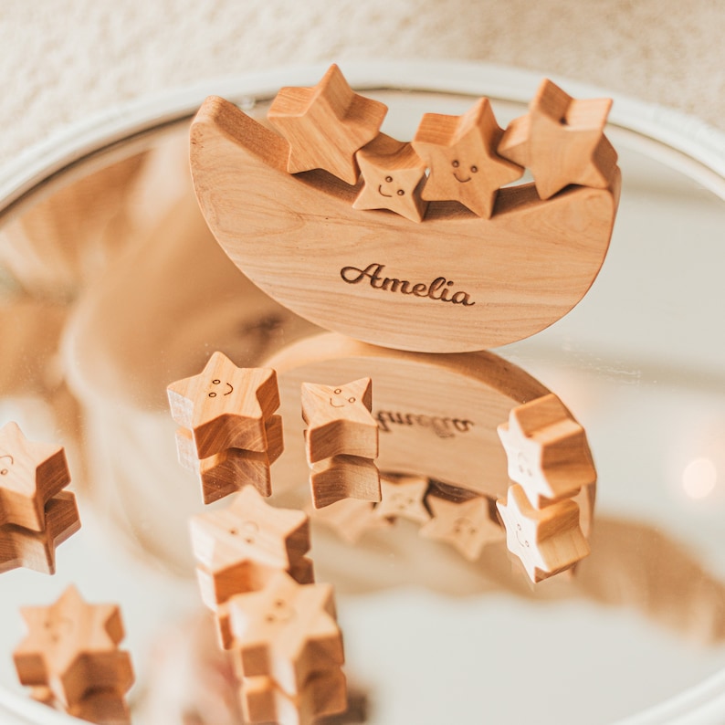 Personalized Gifts For Kids, Balance Moon Toy With Stars, Birthday Girl, Toddler Wooden Toys, Montessori Balancing Game, Engraved Name Sign image 9