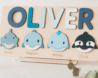 Name Puzzle with Ocean Animals Custom Handmade Name Puzzle Personalized Montessori Board Gift Unique New Baby Gift First Christmas