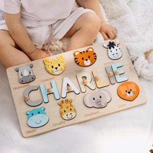 Safari Animals Name Puzzle, Personalized Baby Gift, 1st Birthday Keepsake, Montessori Board, Wooden Toy Animals, Baptism Gift For Boy & Girl