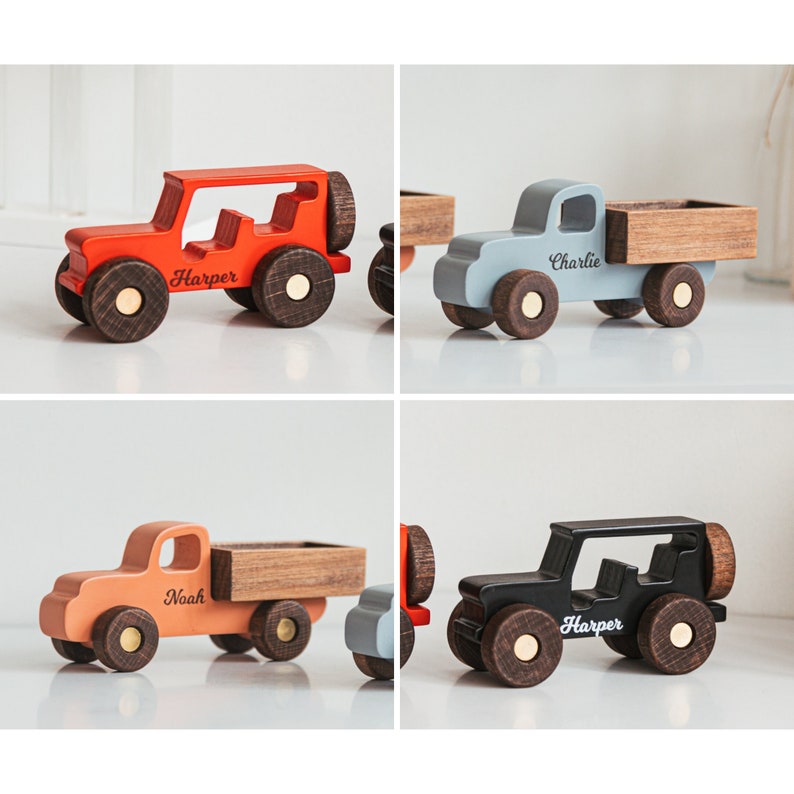 Set of personalized wooden toy cars and trucks in various styles and colors, including jeep and pickup designs engraved with names like Harper, Charlie, and Noah. Handcrafted from natural wood with smooth edges and durable rolling wheels. Minimalist design perfect for Montessori-inspired play and fine motor skill development. Unique custom name gift options for kids, ideal for birthdays, baby showers, or keepsake toys.