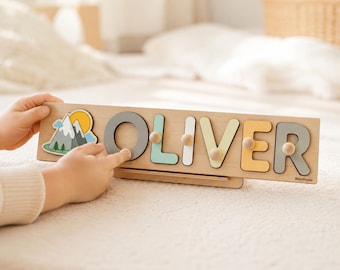 Personalized Mountain Name Puzzle for Boy, Wooden Baby Name Puzzle, Adventure Nursery Gift, Toddler 1st Birthday Gift