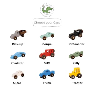 K&ouml;nnte beinhalten: Eine Sammlung von neun kleinen Holzspielzeugautos in einem Raster, beschriftet als Pick-up, Coupe, Off-roader, Roadster, SUV, Rally, Micro, Truck und Tractor. Dar&uuml;ber steht der Text Choose your Cars mit einem gr&uuml;nen Krokodil-Logo.