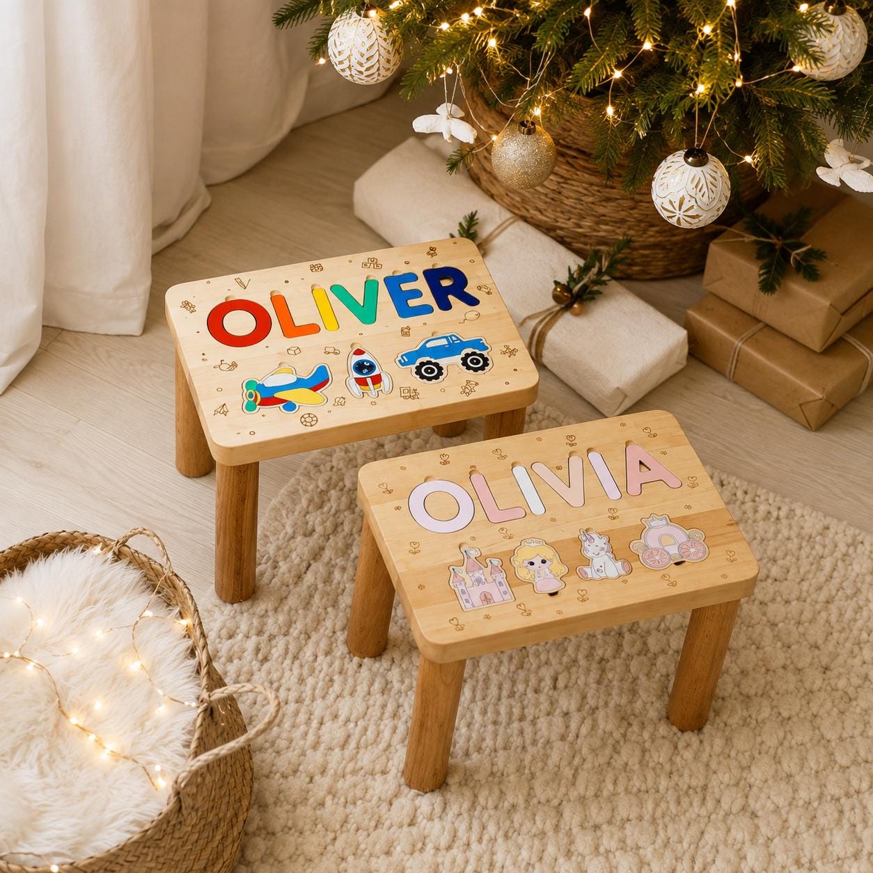 Personalized Wooden Puzzle Stools, Custom Name Toddler Furniture, First Christmas Gift for Kids