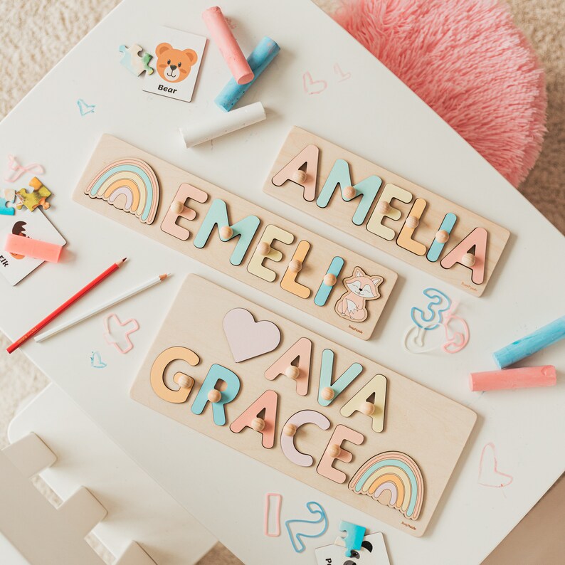 Name puzzle with additional elements, Personalized baby gifts, Wooden toddler toys, 1st Birthday, Baby shower, Christening, First Easter image 2