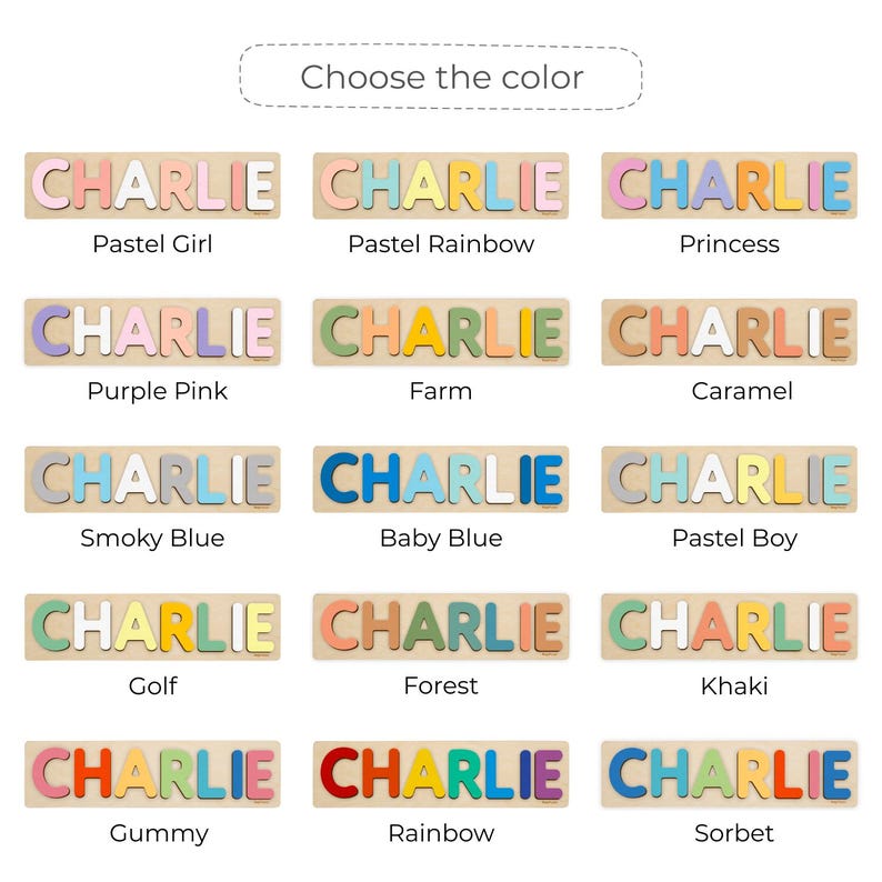 Puede incluir: Rompecabezas de madera con el nombre "CHARLIE" en varios esquemas de color. Cada rompecabezas tiene una base de madera con letras individuales. Los esquemas de color incluyen pastel, arco&iacute;ris y azul ahumado. La imagen muestra diferentes opciones.