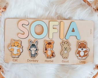 Personalized Montessori Board With Animals Sensory Educational Toy Safari Name Puzzle Unique Christmas Gifts  Baby Nursery Decor Baby Boy