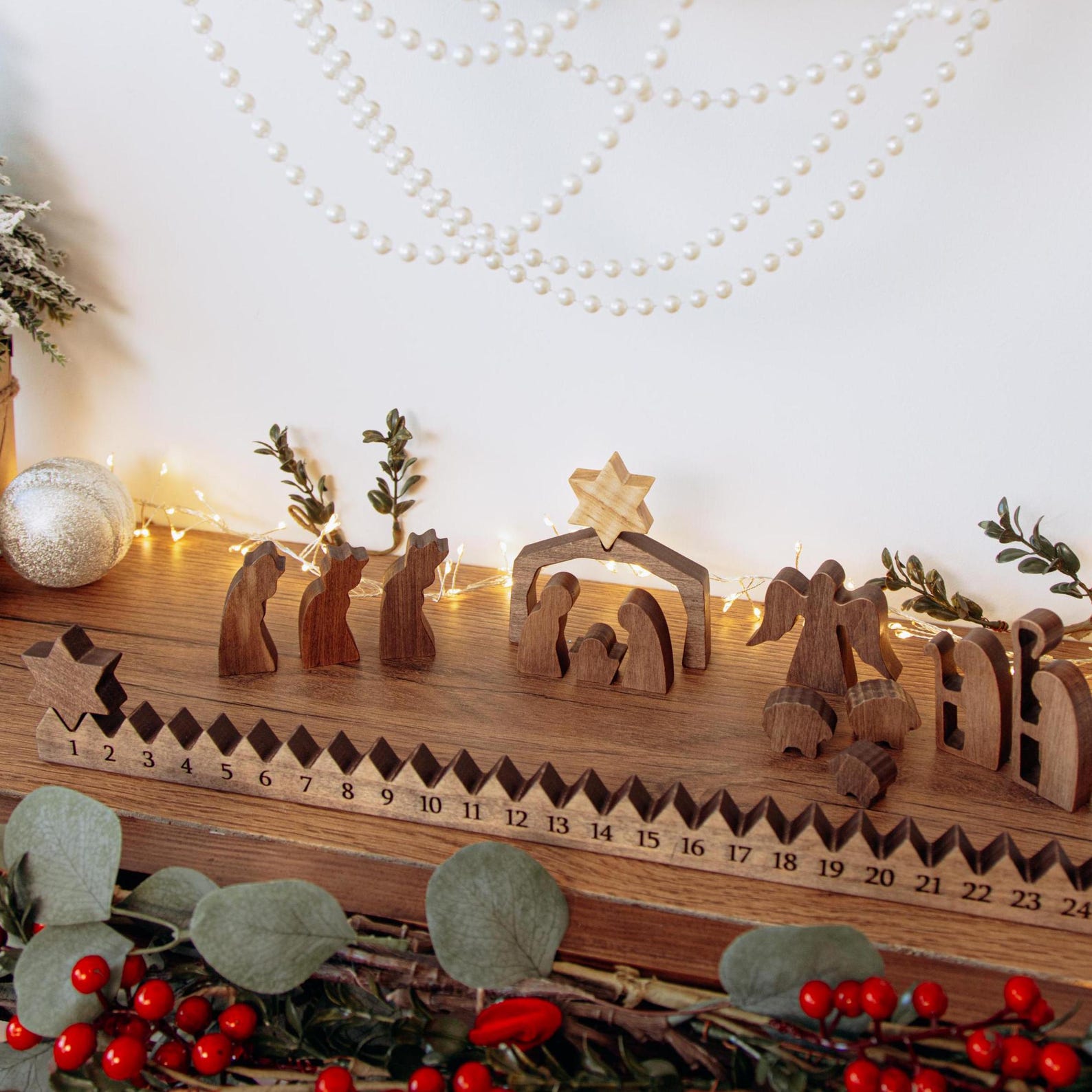 Children's Countdown to Christmas Advent Calendar With Nativity Scene Set Adult Rustic Holiday Decor Fireplace Decor Advent Activity Cards