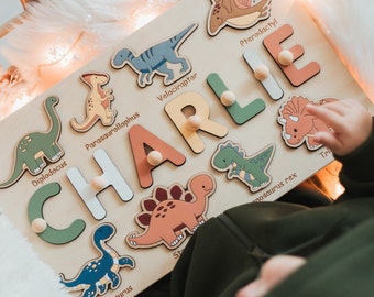 Dinosaur Name Puzzle Dinosaur First Birthday Gift Birthday Decorations Montessori Toys Boy Sensory Toys Dino Baby Shower Custom Puzzle