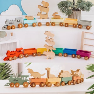 Wooden Toy Train With Set of Animals Personalized Name Gift For Kids 1st Birthday Boy and Girl Gift For Toddlers Sensory Toys Nursery Decor image 1