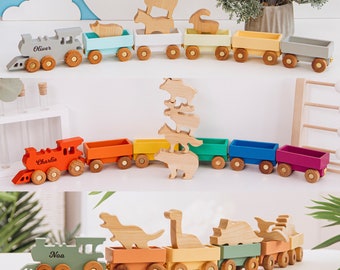 Wooden Toy Train With Set of Animals Personalized Name Gift For Kids 1st Birthday Boy and Girl Gift For Toddlers Sensory Toys Nursery Decor