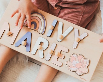 Rompecabezas del nombre del bebé con flor pastel bebé niña regalo rompecabezas personalizado para la decoración de la guardería de la niña pequeña regalo de la ducha del bebé juguetes Montessori