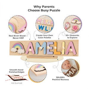 Pode incluir: Um quebra-cabe&ccedil;a retangular de madeira com o nome AMELIA, letras em tons pastel e um &iacute;cone de arco-&iacute;ris. O quebra-cabe&ccedil;a possui pequenos puxadores de madeira em cada letra e acabamento em madeira clara, cercado por detalhes circulares sobre madeira de b&eacute;tula, cores personaliz&aacute;veis, 50 elementos, bordas polidas e avalia&ccedil;&otilde;es positivas.
