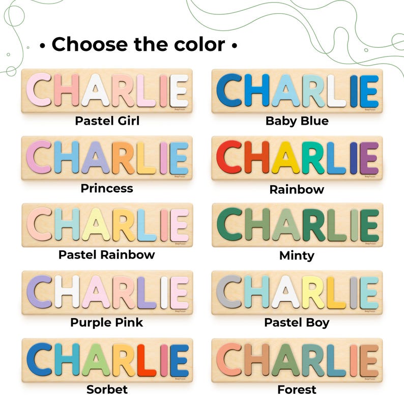 May include: Wooden name puzzles spelling "CHARLIE" in various pastel colors, including pink, blue, and green. Each puzzle is on a light wood base, with the name spelled out in individual, raised letters. The image includes the text "Choose the color."