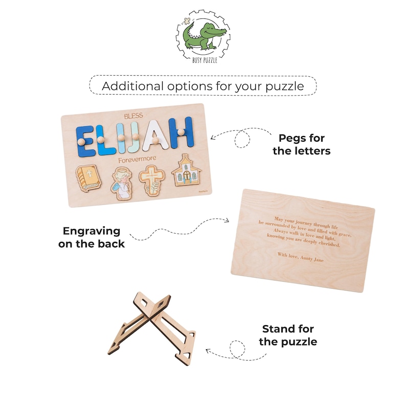 May include: Wooden puzzle with the name "ELIJAH" in blue and white letters, with the word "BLESS" above and "Forevermore" below. Includes pegs, engraving options, and a stand. Features religious symbols.