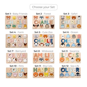 Puede incluir: Rompecabezas de nombres de madera con dise&ntilde;os de animales. Cada rompecabezas presenta el nombre de un ni&ntilde;o en letras coloridas, rodeado de formas de animales. La imagen incluye varios conjuntos, como Baby Friends, Forest y Safari.