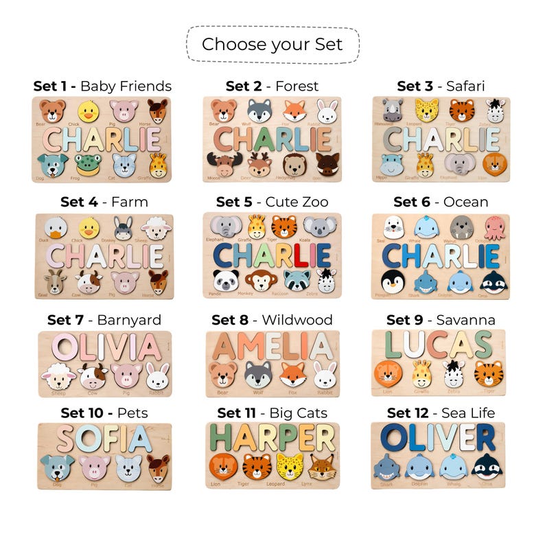 Puede incluir: Rompecabezas de nombres de madera con dise&ntilde;os de animales. Cada rompecabezas presenta el nombre de un ni&ntilde;o en letras coloridas, rodeado de formas de animales. La imagen incluye varios conjuntos, como Baby Friends, Forest y Safari.