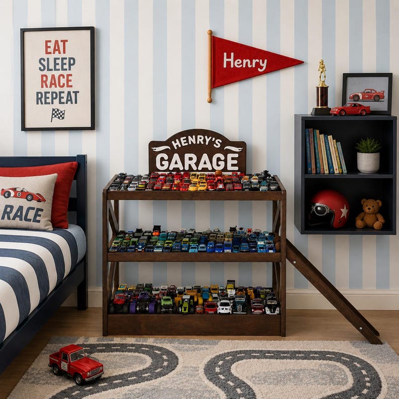 May include: A dark brown wooden three-tier display shelf with a sign reading Henry's Garage, filled with numerous small toy cars. The unit features a side ramp and is positioned in a room with a bed, a wall-mounted shelf, and a race track rug.