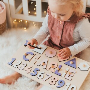 Namenspuzzle aus Holz mit Formen und Zahlen, Lernspielzeug für Kleinkinder, Geburtstags und Weihnachtsgeschenke für Kinder, personalisiertes Kindergeschenk Bild 4