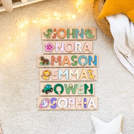 Name Puzzles by Busy Puzzle. Dog, Truck, Rocket. Baptism Gift For Toddlers. 1st Birthday & First Easter. Personalized Puzzles For Kids.