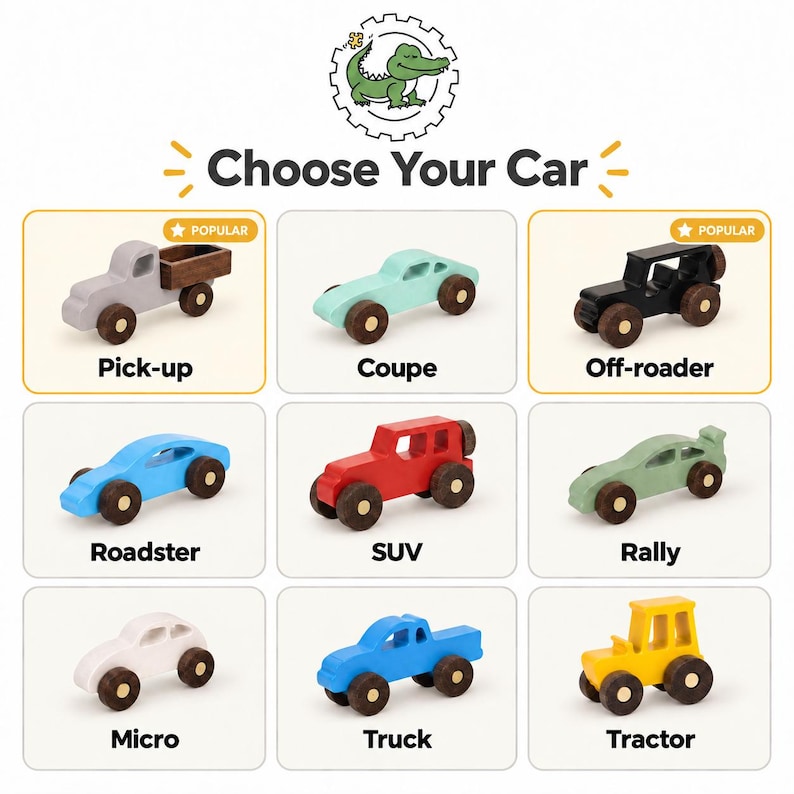 May include: A collection of nine small wooden toy vehicles labeled Choose Your Car, including a gray pick-up, mint coupe, black off-roader, blue roadster, red SUV, green rally car, white micro, blue truck, and yellow tractor with dark wheels.