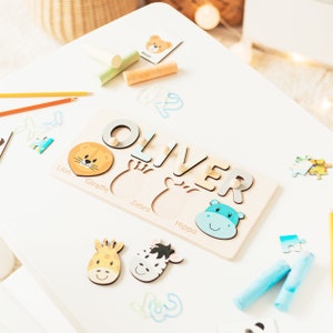 Name Puzzle with Animals Personalized Baby Shower Gift Baby Toddler Kids Toys Wooden Toys First Birthday Girl and Boy Baby Name Puzzle Gifts image 3