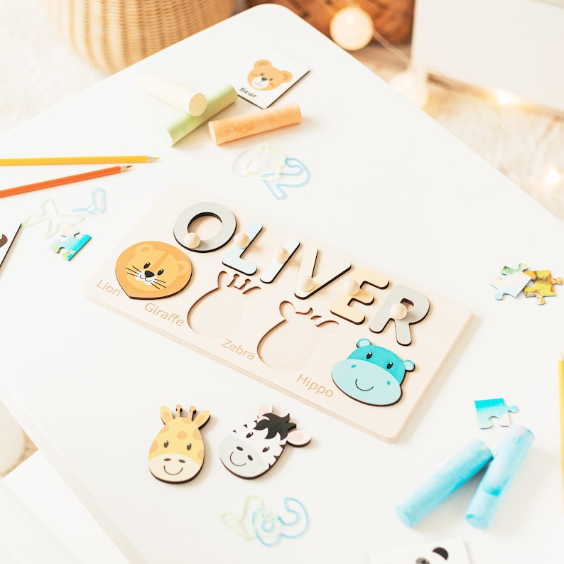 Name Puzzle with Animals Personalized Baby Shower Gift Baby Toddler Kids Toys Wooden Toys First Birthday Girl and Boy Baby Name Puzzle Gifts image 3