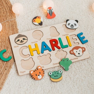 Name Puzzle With Woodland Animals, Woodland Nursery Decor, Baby Shower Gift, One Year Old Gif, Montessori Board, Toddler Toy, Gifts For Kids image 3