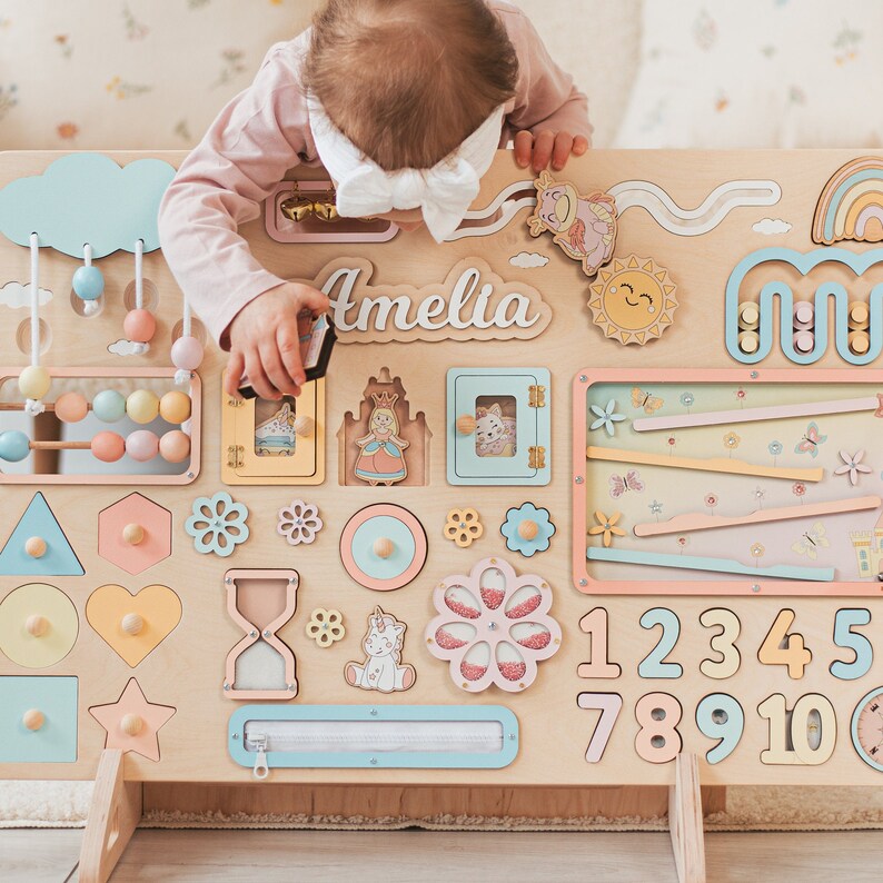 Large Busy Board with Stand for Toddler Personalized Baby Girl Gift Birthday Gift 1 2 3 Year Old Wooden Activity Toy Baby Nursery Decor image 1