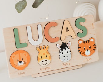 Safari Animals Puzzle Board Regalo personalizzato per bambini Giocattoli Montessori Giocattolo per bambini Decorazioni per la scuola materna dei bambini Regalo per il primo compleanno del neonato Regalo per il nuovo bambino