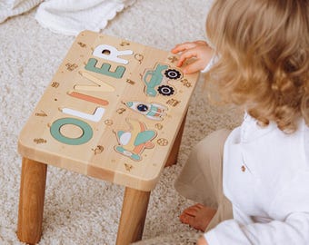 Wooden Name Puzzle Stool Toddler Step Stool 1 2 3 Years Old Custom Gifts For Kids Baptism Boy Gift 1st Birthday Gift Eco Friendly Toys
