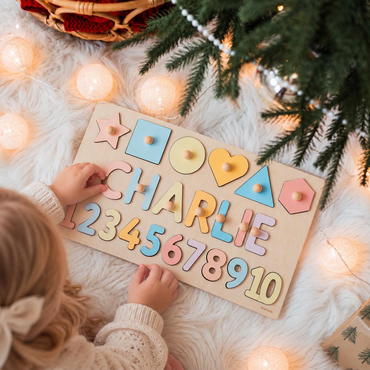 Custom Baby Puzzle with Name, Wooden Educational Toy for Toddlers, Pastel Shape and Number Puzzle, Birthday Gift for Kids