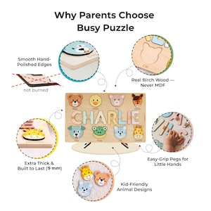 Puede incluir: Rompecabezas de madera con el nombre "Charlie" y piezas con forma de animales. El rompecabezas tiene bordes lisos y pulidos, tiene 9 mm de grosor y clavijas de f&aacute;cil agarre. El dise&ntilde;o incluye un perro, una rana, un gato y una jirafa.