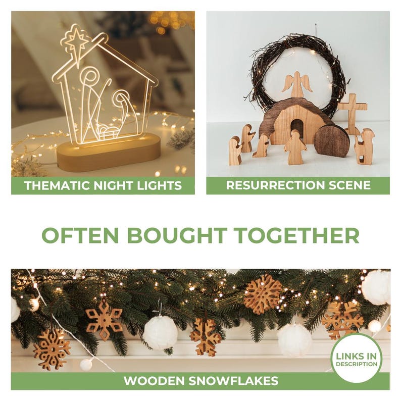 May include: A set of wooden Christmas decorations, including a nativity scene, a resurrection scene, and snowflakes. The decorations are all made of natural wood and have a rustic, handmade look. The nativity scene features a stable, a manger, and figures of Mary, Joseph, and baby Jesus. The resurrection scene features a tomb, an angel, and figures of the disciples. The snowflakes are all different sizes and shapes and are perfect for adding a touch of winter magic to your home.