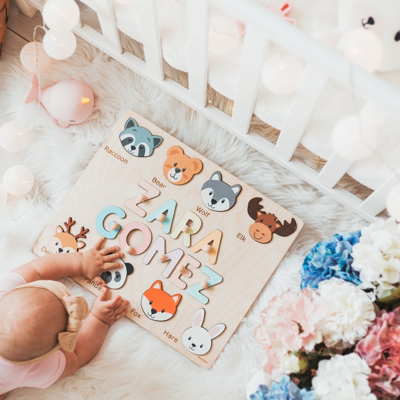 Custom Name Puzzle With Animals For Toddlers Unique Baby Gift Forest Animals Puzzle Board Unique New Baby Gift Nursery Decor Montessori Toys image 4