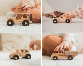 Juego de coches de juguete personalizados, regalos de cumpleaños para bebés, juguetes de madera para niños, coches con nombres, juguetes preescolares, juguetes ecológicos hechos a mano, Navidad