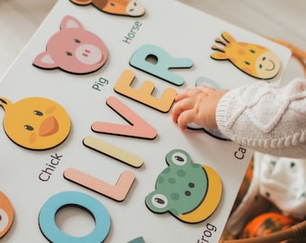 Personalisiertes Namenspuzzle mit Tieren | Baby-, Kleinkind-, Kinderspielzeug | Holzspielzeug | Baby-Dusche | Weihnachtsgeschenke | Erster Geburtstag für Mädchen und Jungen