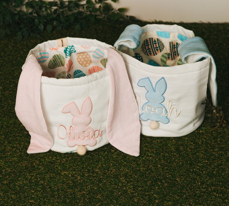 Personalized Easter Basket. Custom Embroidered Easter Bunny. Kids Easter Basket. Baby Girl And Boy Basket. Egg Basket For Easter Activities. image 5