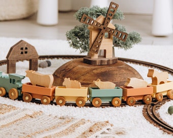 Wooden Farmer Train With Name Additional Set of Animals Custom Train Personalized Baby Boy Gift Sensory Toys Fidget Toys For Toddlers