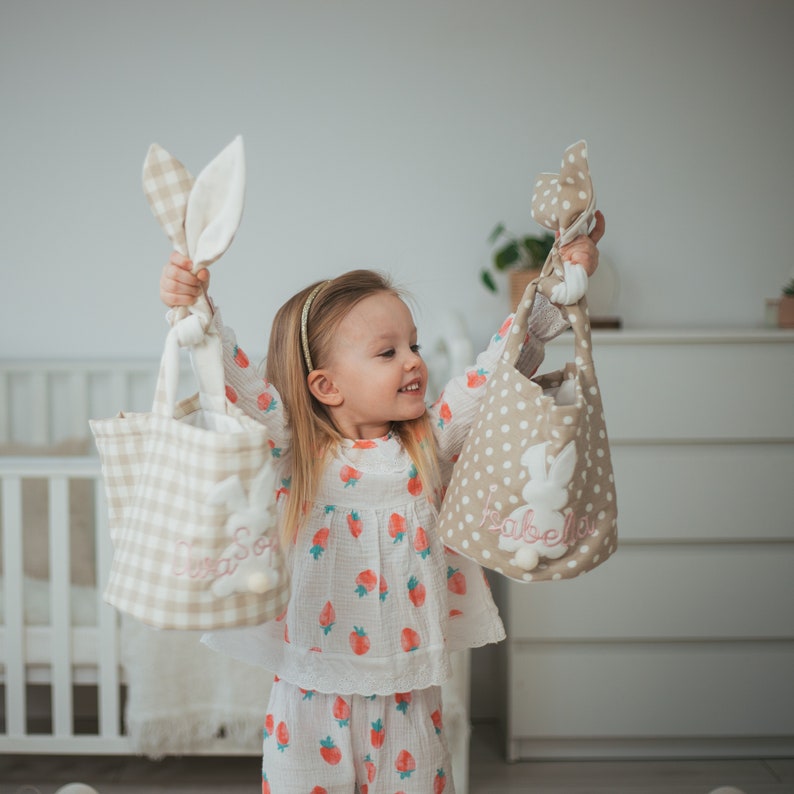 Personalized Easter Basket. Custom Embroidered Easter Bunny. Kids Easter Basket. Baby Girl And Boy Basket. Egg Basket For Easter Activities. image 8