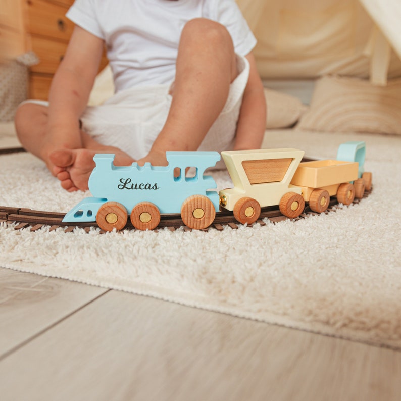 Wooden Toy Train With Name, Personalized Baby Gift, Toys For Toddlers, 1st Birthday Boy Gift, Sensory Toys For Kids, First Easter Gift image 1