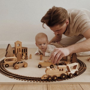 Solid wood toys Wooden village Pretend play houses Birthday boy gift Christmas gifts for kids Wooden train with railway at extra charge image 3