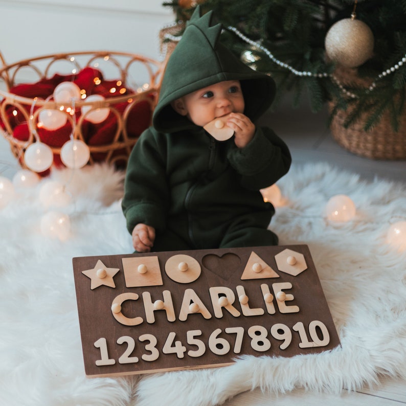 Namenspuzzle aus Holz mit Formen und Zahlen, Lernspielzeug für Kleinkinder, Geburtstags und Weihnachtsgeschenke für Kinder, personalisiertes Kindergeschenk Bild 3