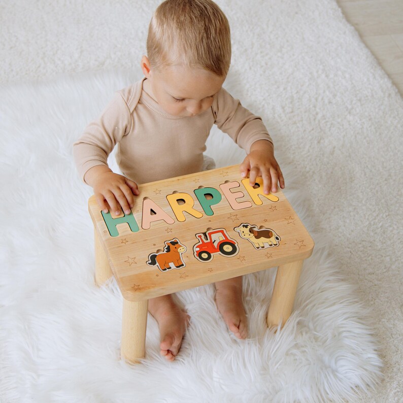 Personalized Farm Name Puzzle Step Stool Montessori Helper Kids ...